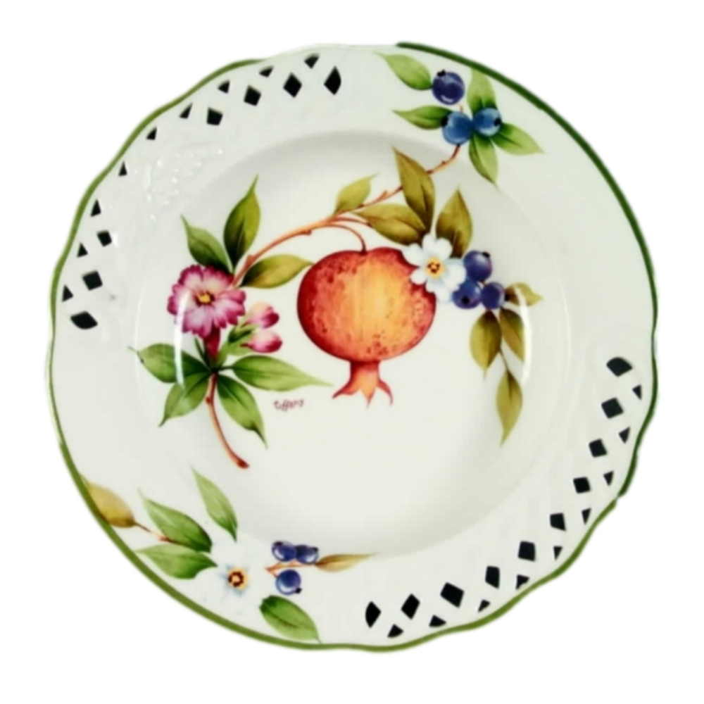 Brunelli "Tiffany" Large Rim Soup Bowl Fruit Pomegranate Italian